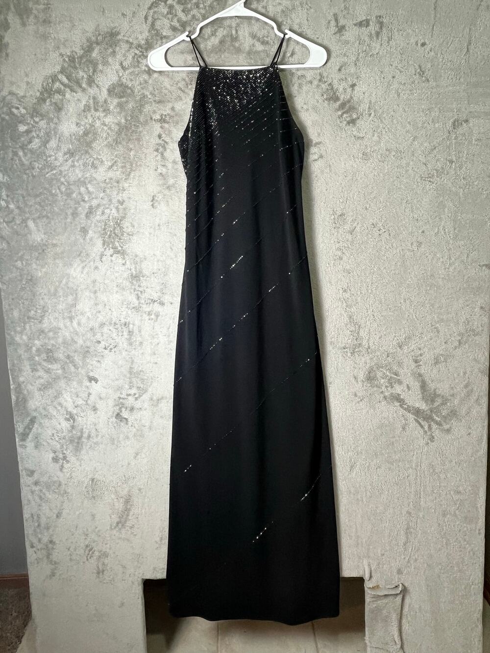 Vintage Black Beaded Sequin Halter Dress Formal Evening Gown Cocktail Party SM